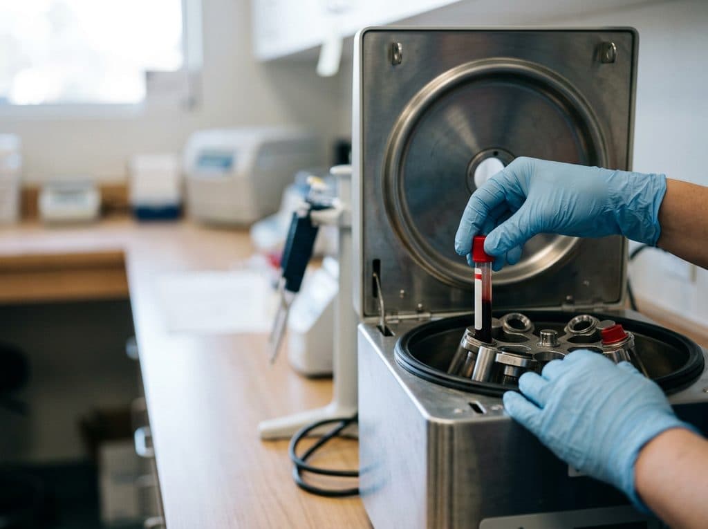Tubos de muestra etiquetados sobre la encimera del laboratorio veterinario de Mugardos