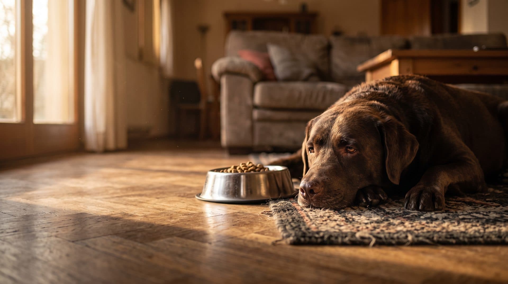 Perro tumbado junto a su comedero lleno en el salón de casa