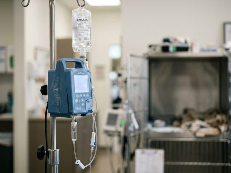 Bomba de infusión administrando suero a un animal hospitalizado en Mugardos