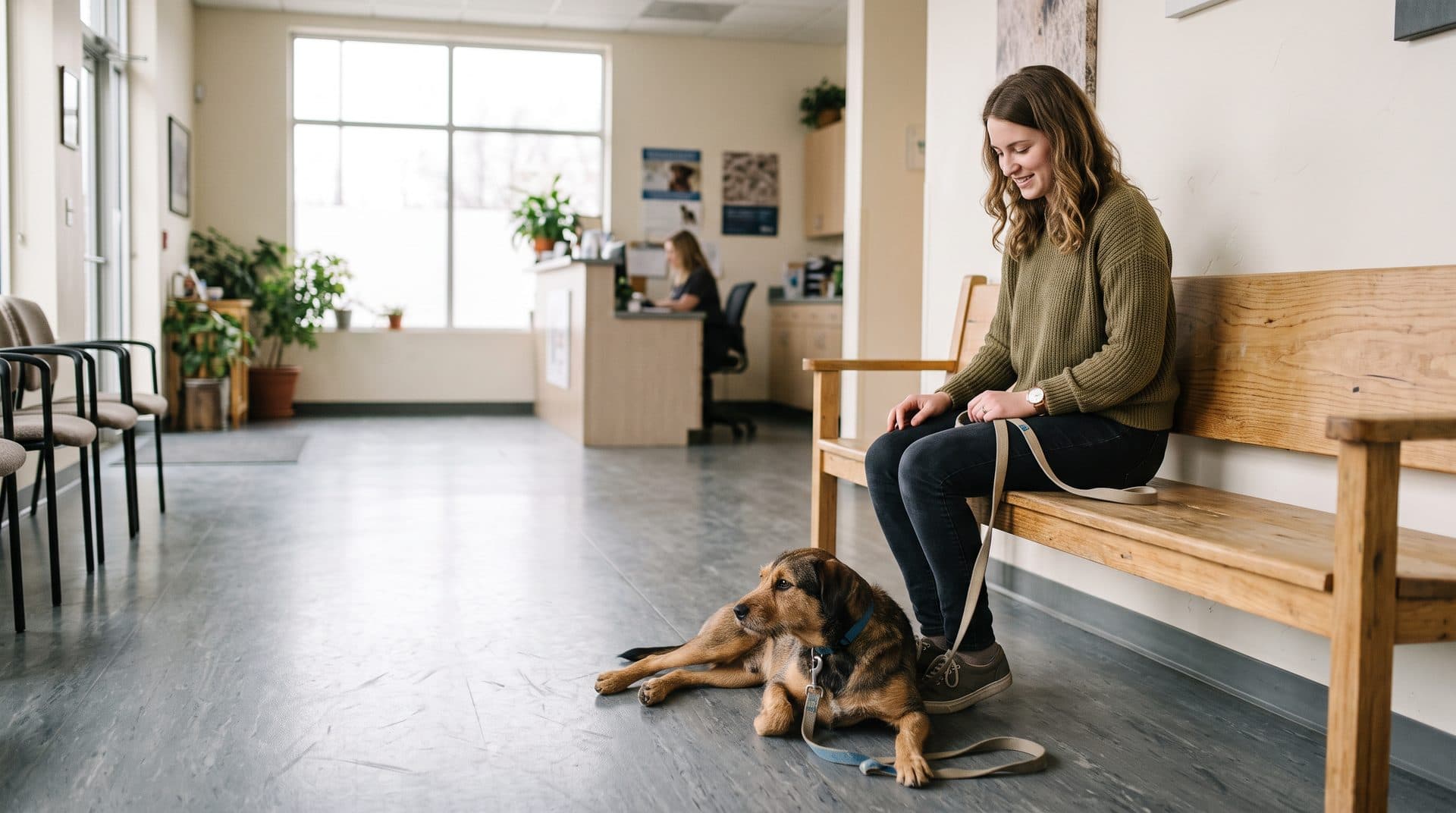 Perro esperando junto a su dueña en la sala de espera de una clínica veterinaria en Ferrol
