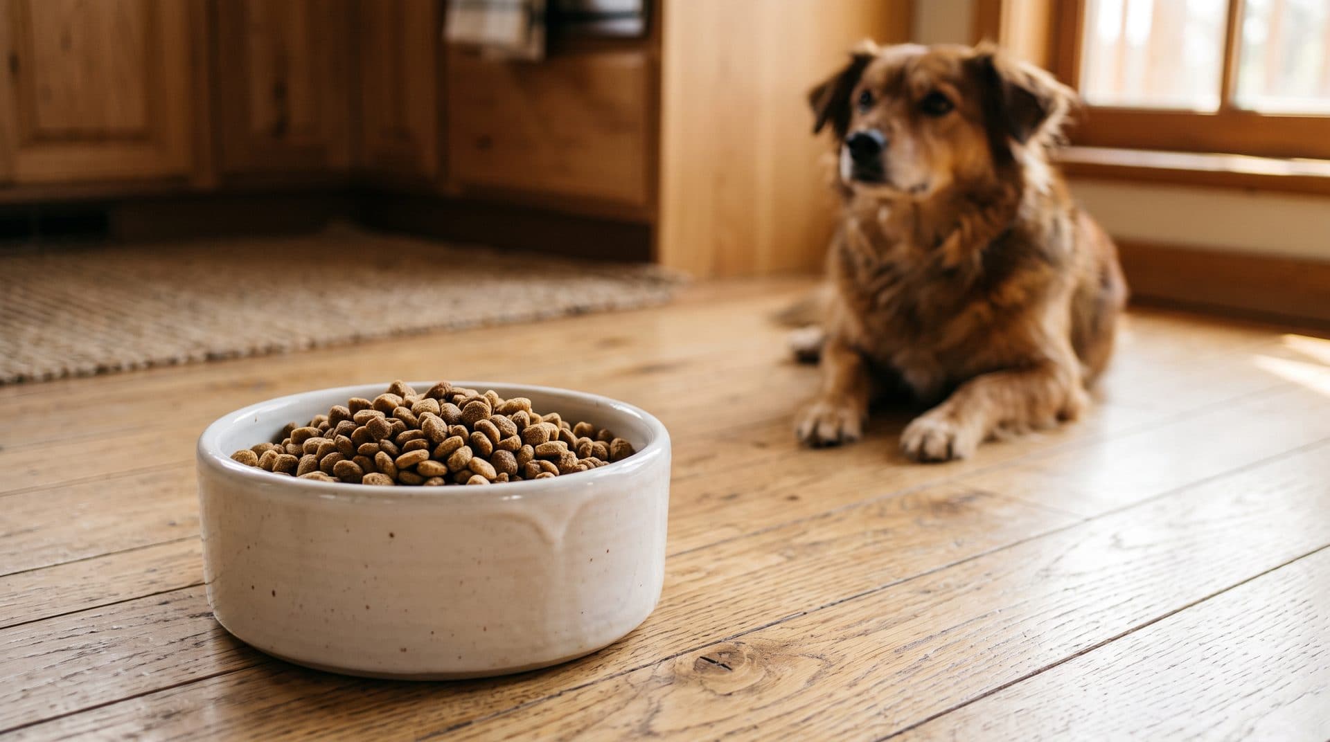 Cuenco con pienso junto a un perro esperando su comida