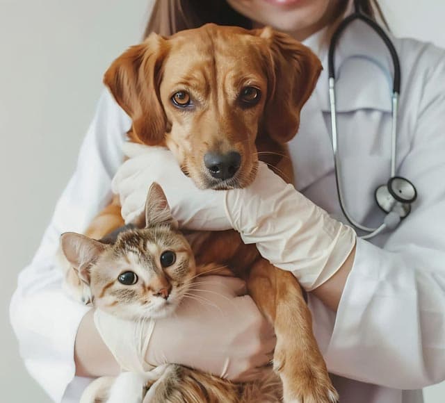 Veterinaria sosteniendo en brazos a un perro y a un gato en la Clínica Veterinaria Albeitre de Ferrol
