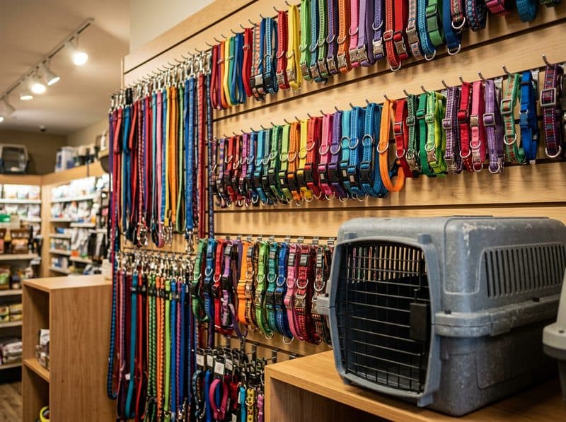 Correas, collares y transportines expuestos en la tienda para mascotas de Ferrol