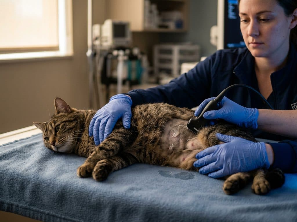 Gato tumbado y sujeto con calma durante una ecografía en la clínica de Mugardos