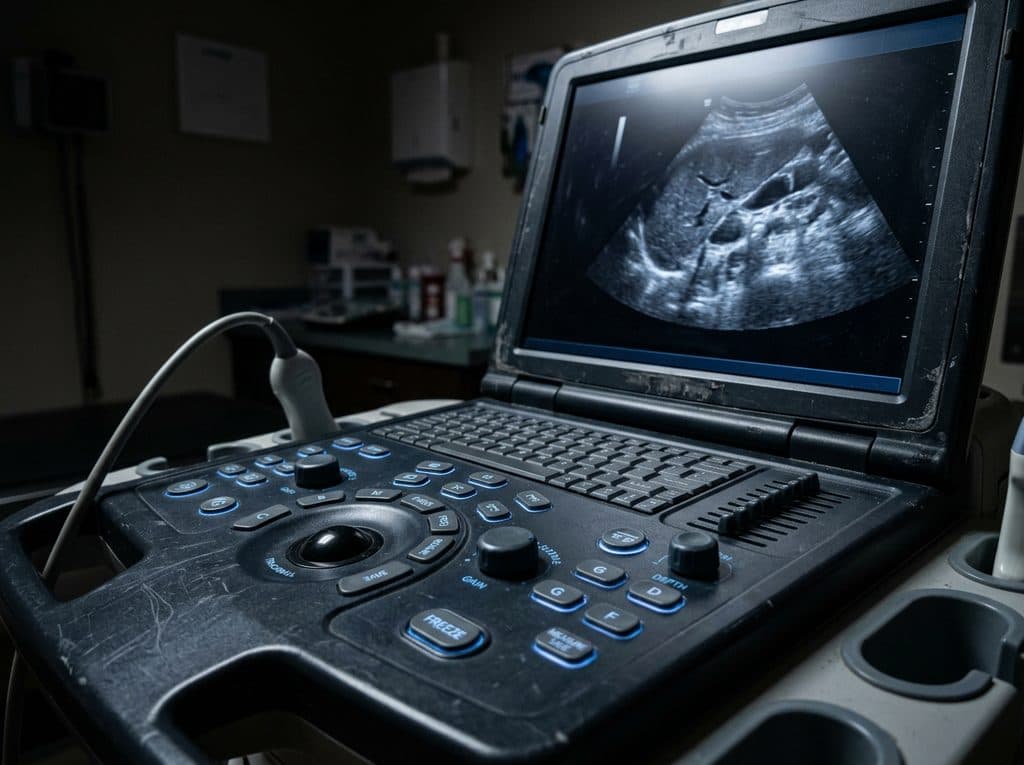 Pantalla de ecógrafo mostrando una exploración abdominal en la clínica veterinaria de Ferrol