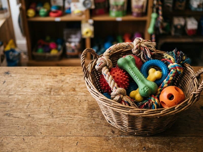 Juguetes y golosinas para mascotas colocados en la tienda de Ferrol