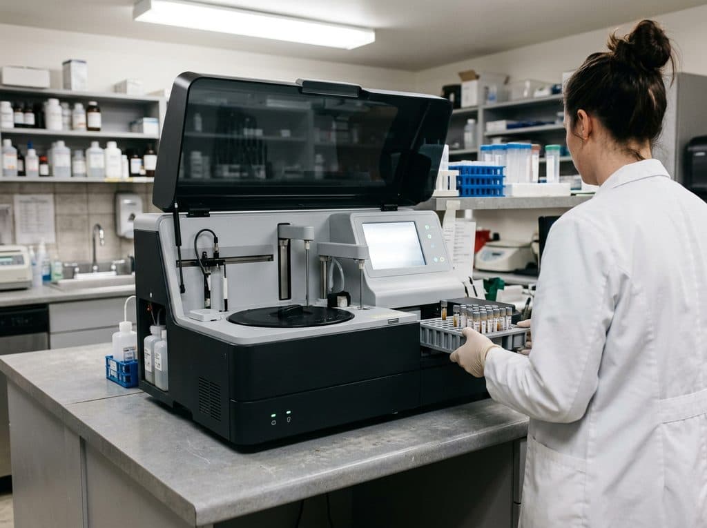 Analizador automático procesando muestras en el laboratorio veterinario de Ferrol