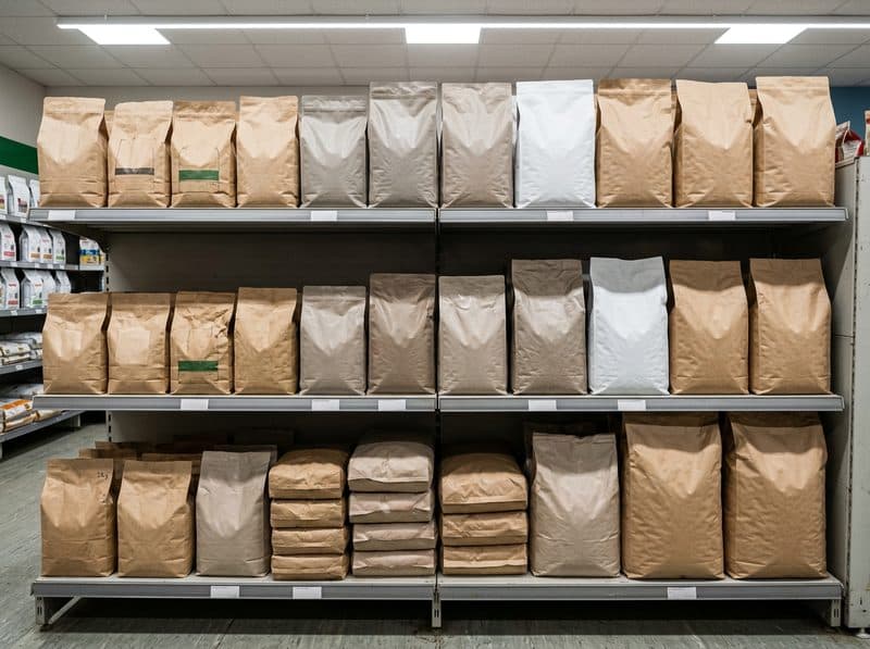 Sacos de pienso para perro y gato ordenados en la estantería de la tienda de Ferrol
