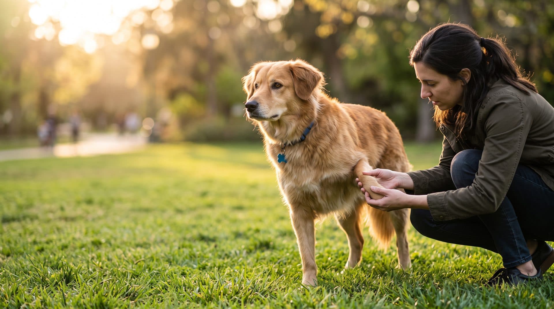 Dueña revisando la pata de su perro durante un paseo por el parque