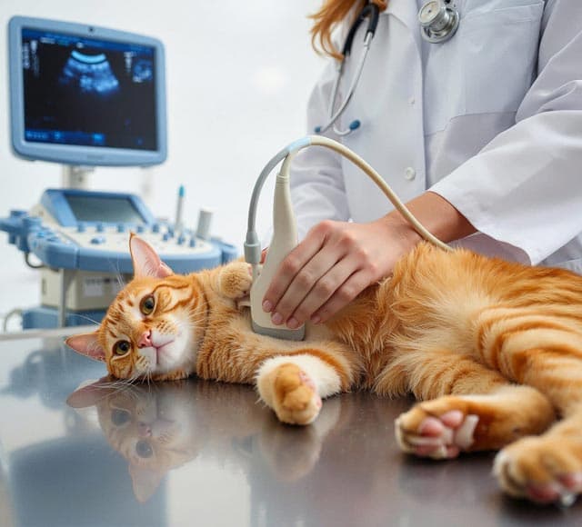 Veterinaria realizando una ecografía a un gato con el ecógrafo de la clínica de Ferrol