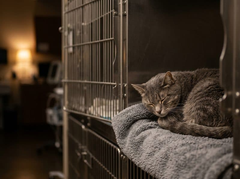 Gato recuperándose tranquilo sobre una manta en la zona de hospitalización de Ferrol
