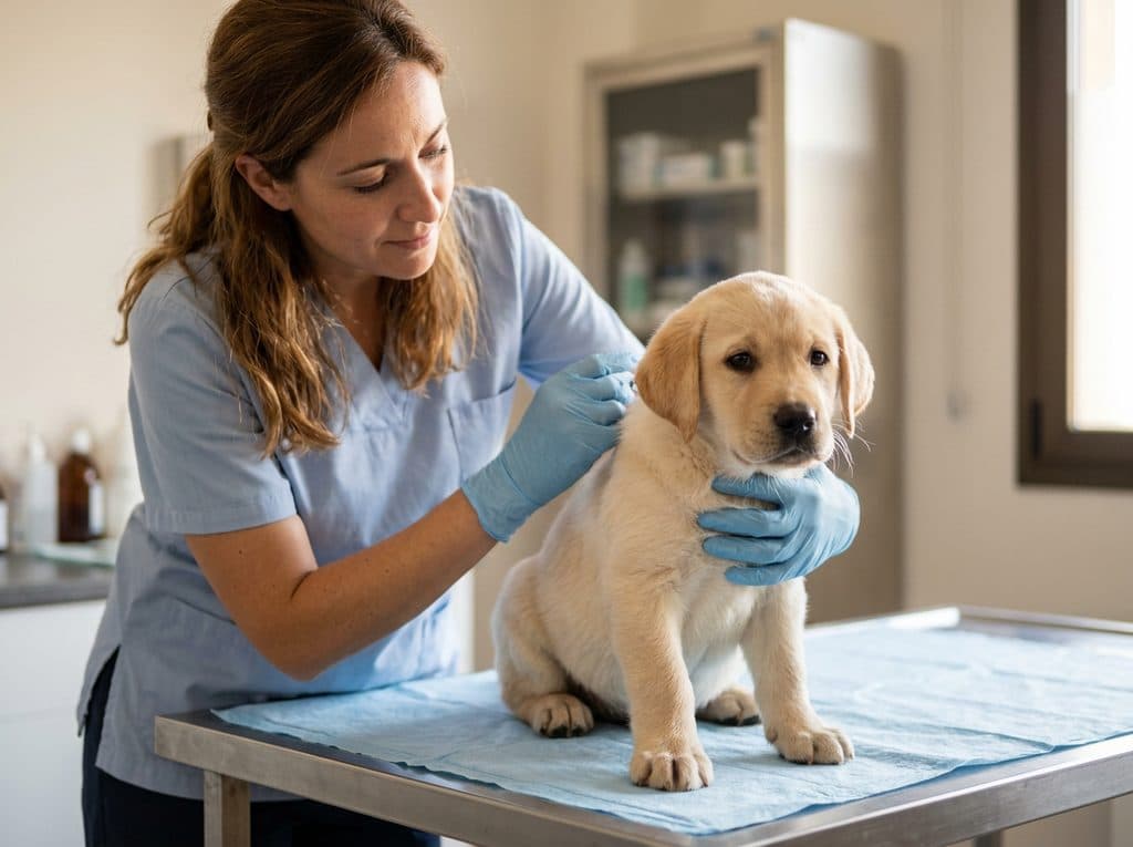 Veterinaria vacunando a un cachorro en la clínica de Mugardos