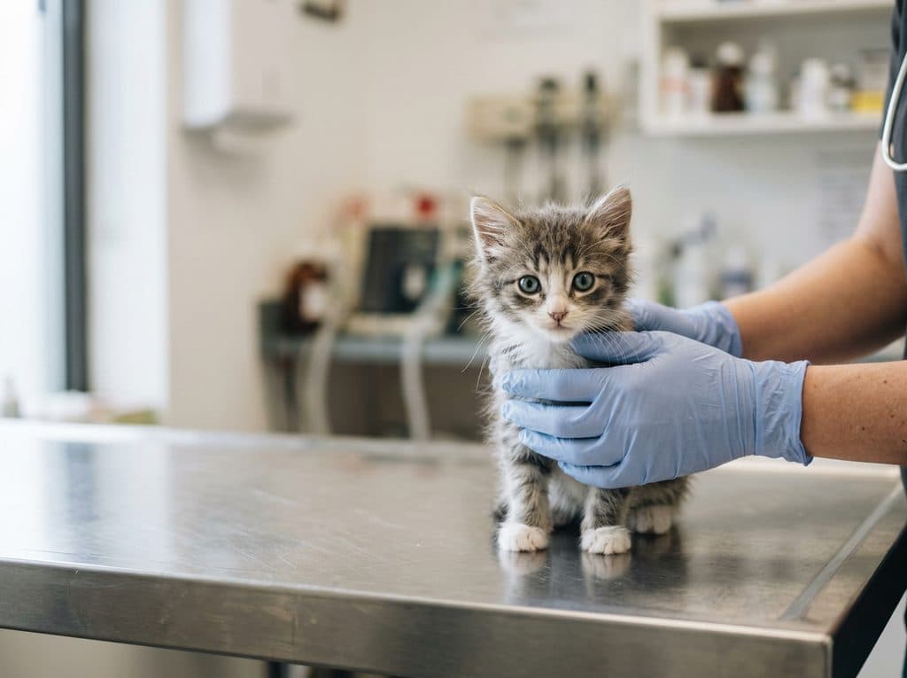 Cachorro sobre la mesa de exploración durante su primera revisión veterinaria en Ferrol