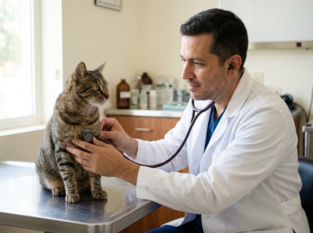 Veterinario explorando a un gato sobre la mesa de consulta en Ferrol